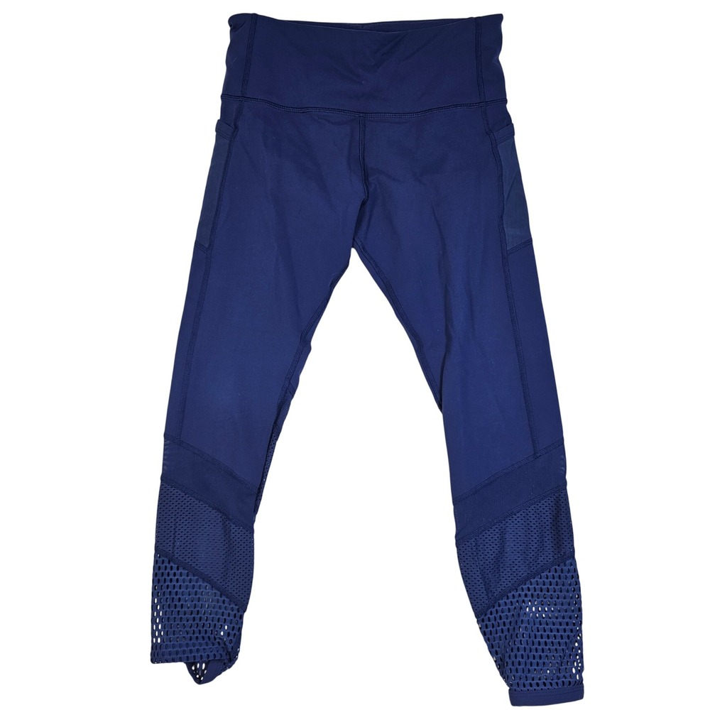 Lorna Jane Navy Blue Mesh Laser Cut High Waisted Leggings with Pockets Size S
